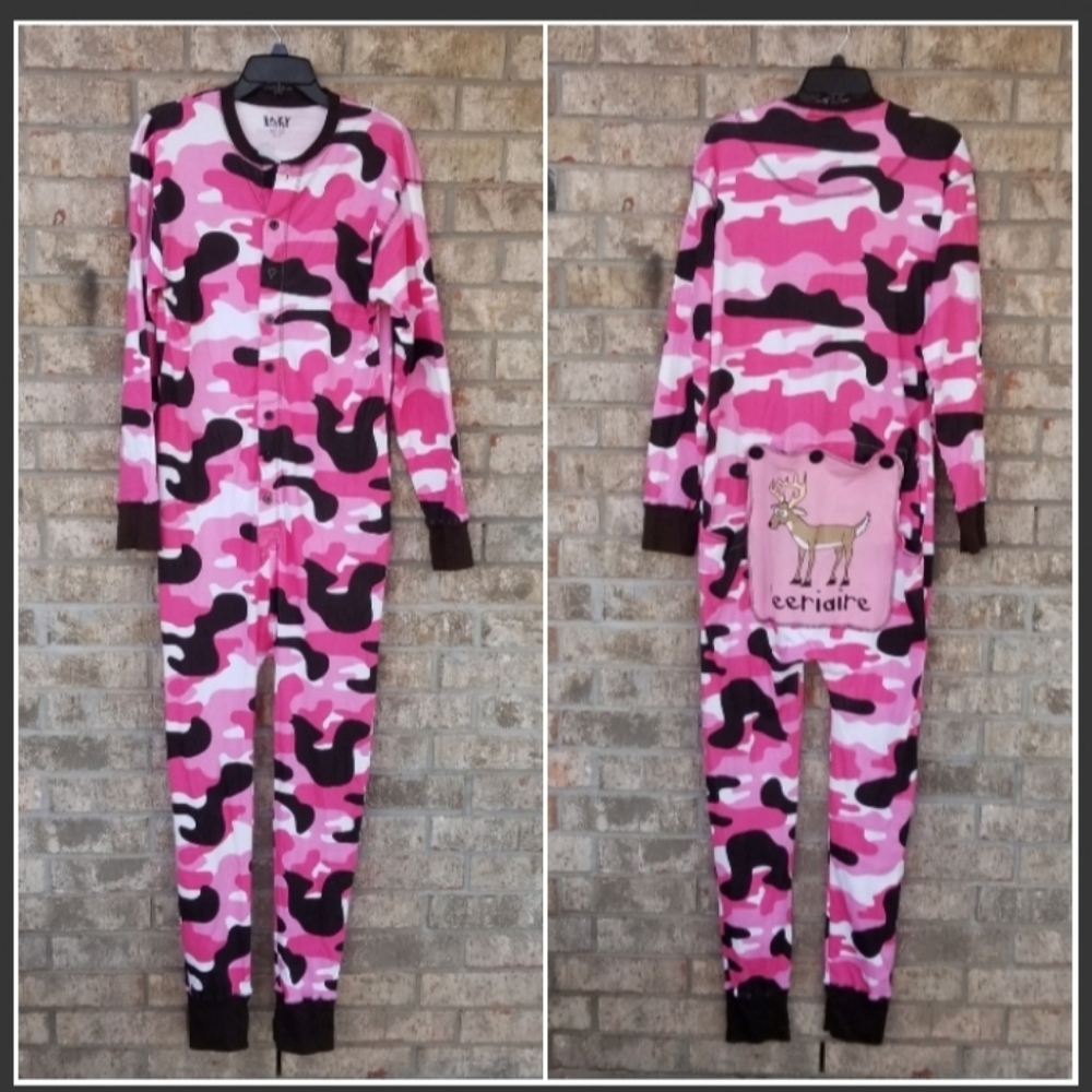 VTGLAZY ONE Piece PINK CAMO Flapjack Long John Bottom Flap Pajamas PJs(Adult L) - Picture 2 of 9